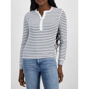 ON 34th Shirt Womens Medium White Navy Stripe Henley Long Sleeve Ribbed Top